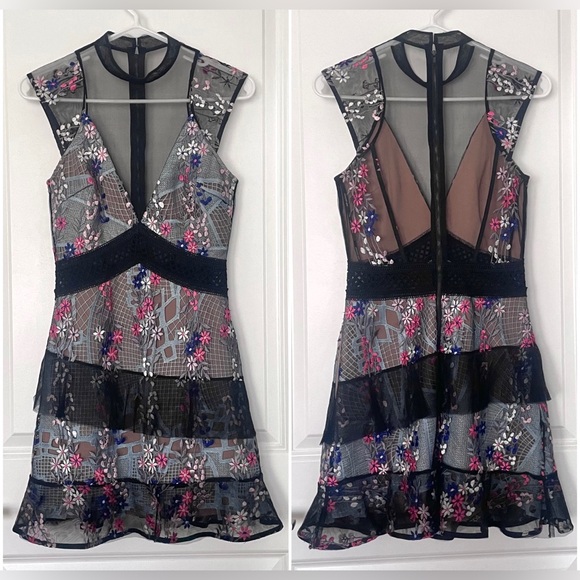 Pristine SELF-PORTRAIT Dress with Lace Overlay + Mesh + Floral Embroidery - Picture 3 of 10